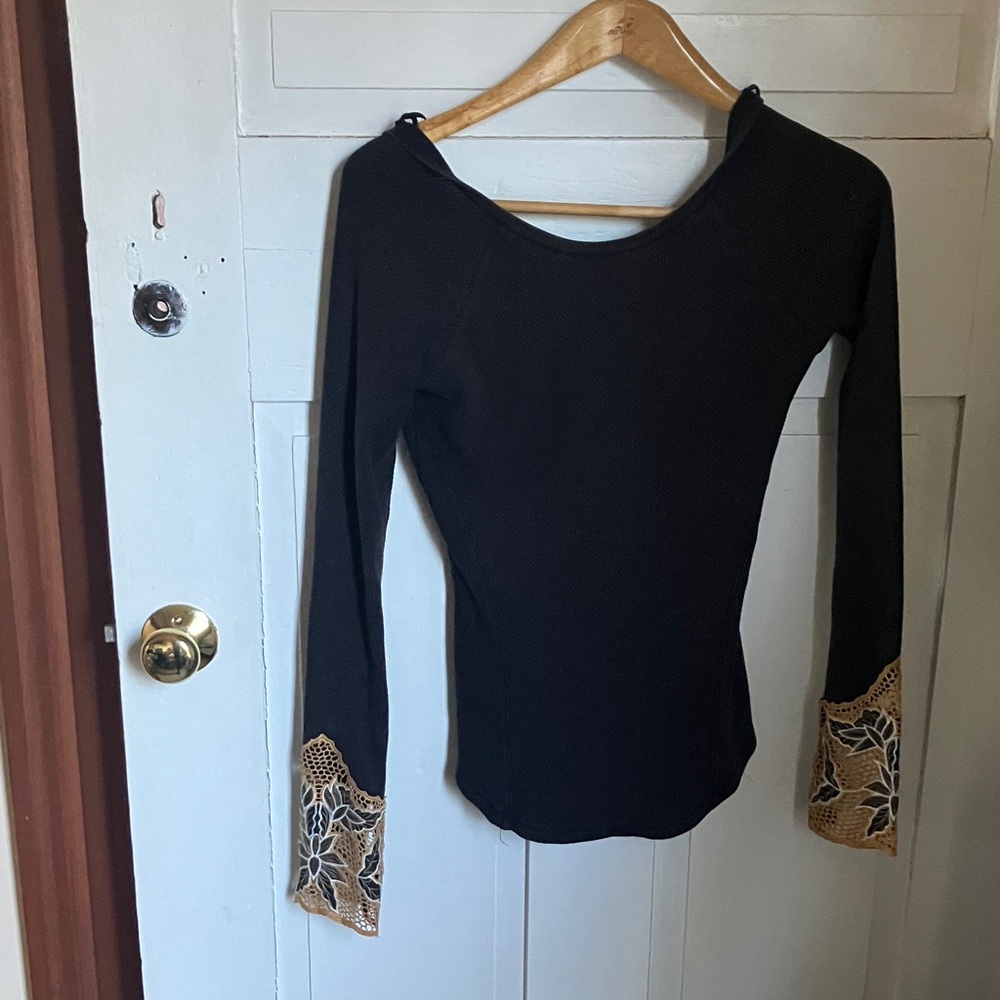 Free People Black Top with Gold Lace Cuffs
